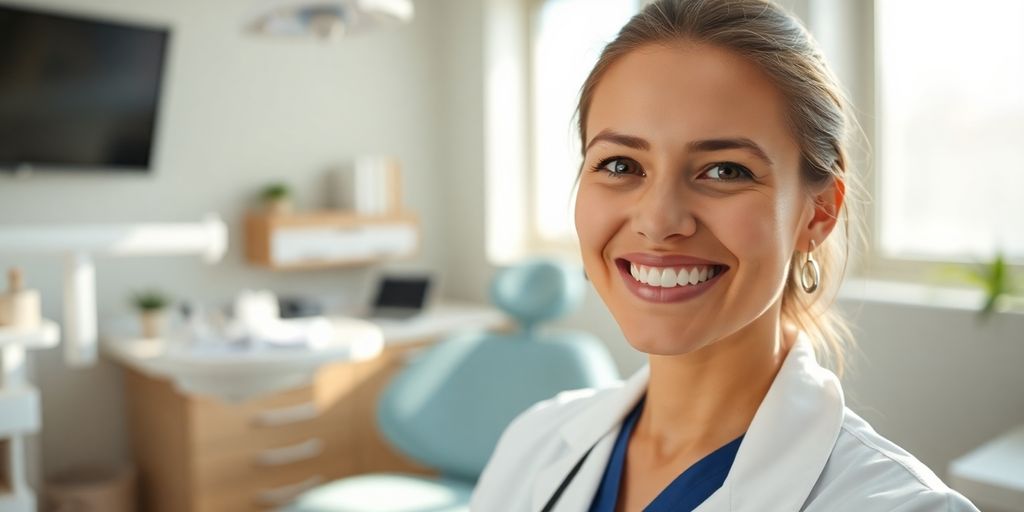 Zahnarzt lächelt in heller Praxis