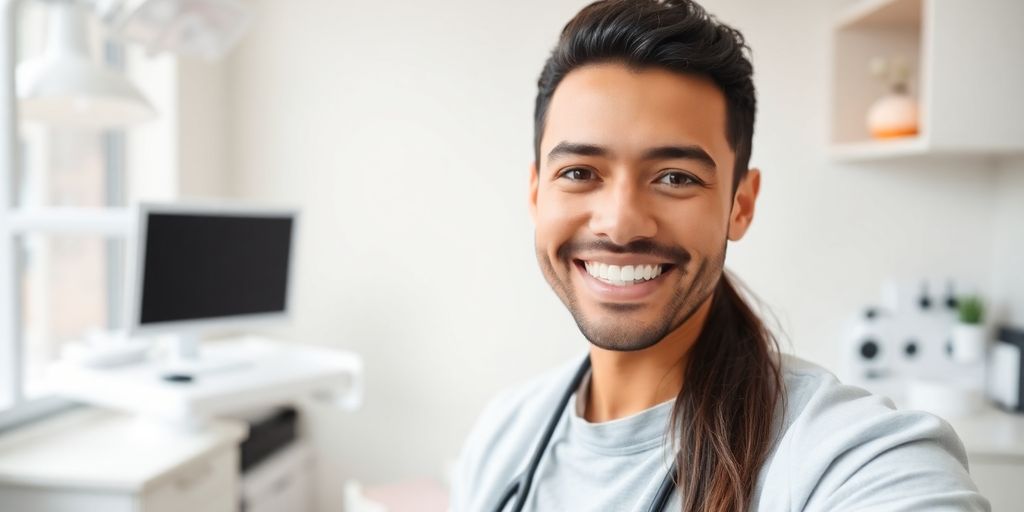 Zahnarzt lächelt in heller Praxis