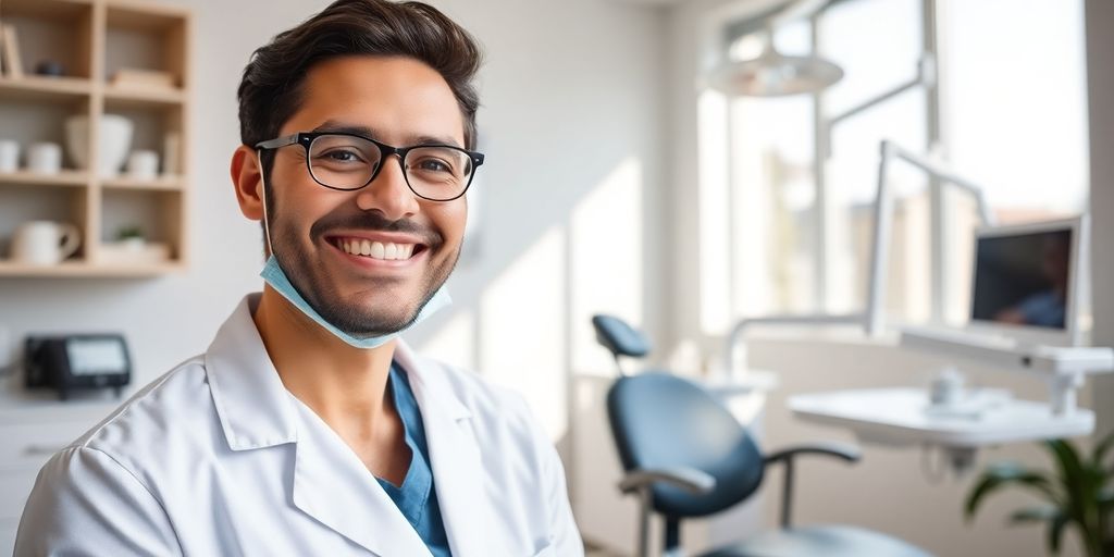 Zahnarzt lächelt in heller Praxis.