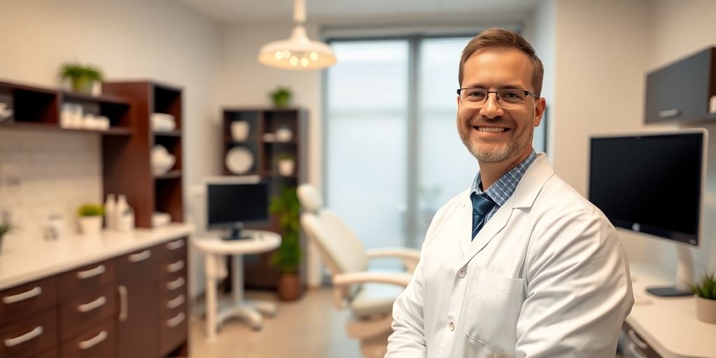 Lächelnder Zahnarzt in moderner Praxis