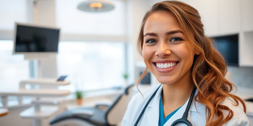 Zahnarzt lächelt in moderner Praxis