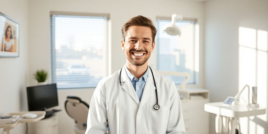 Zahnarzt lächelt in heller Praxis