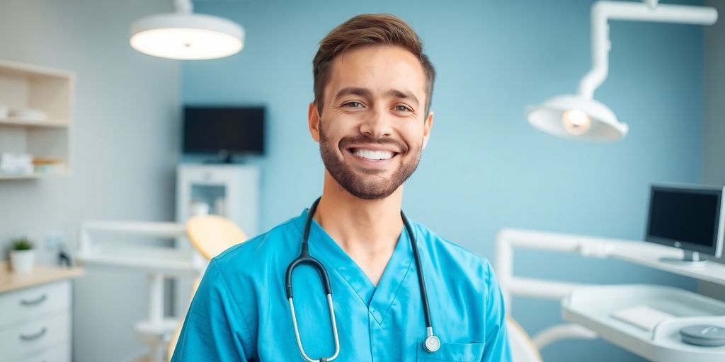 Zahnarzt lächelt in heller Praxis