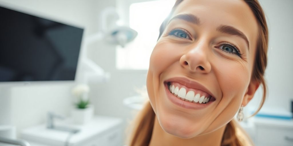 Strahlendes Lächeln einer Frau in heller Zahnarztpraxis.