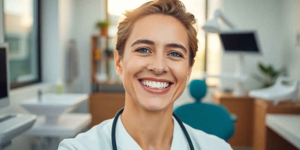 Lachender Zahnarzt in heller Praxis.