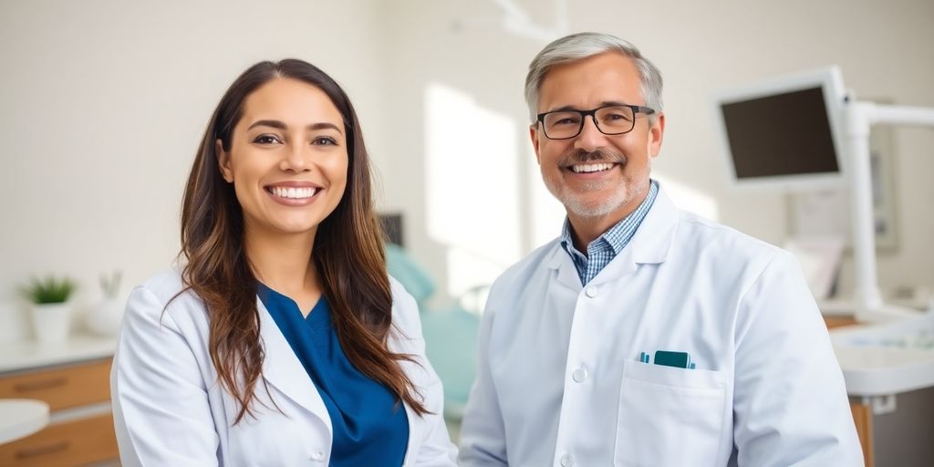 Zahnarzt lächelt in heller Praxis