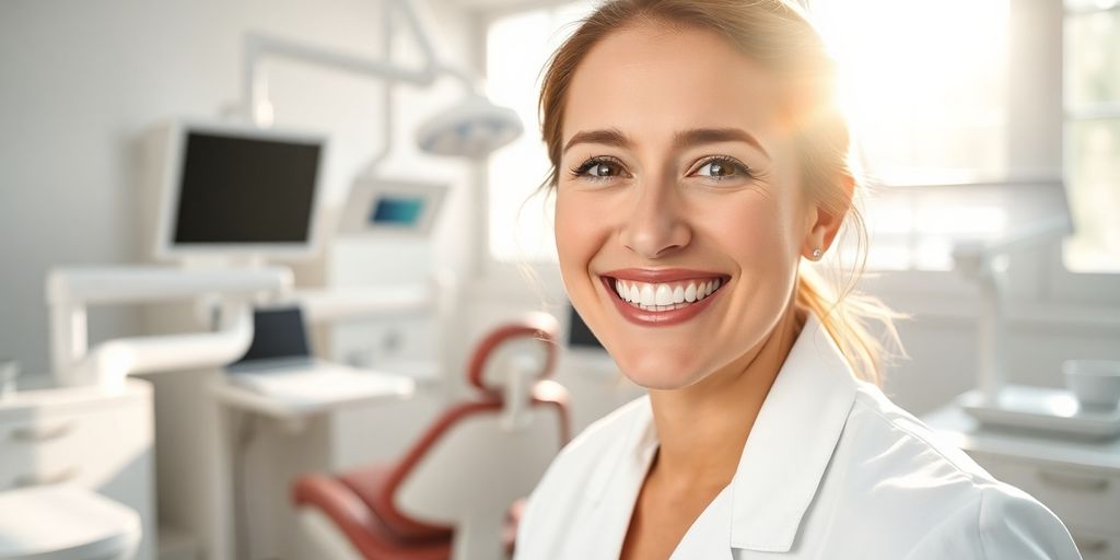 Lächelnder Zahnarzt in heller Praxis