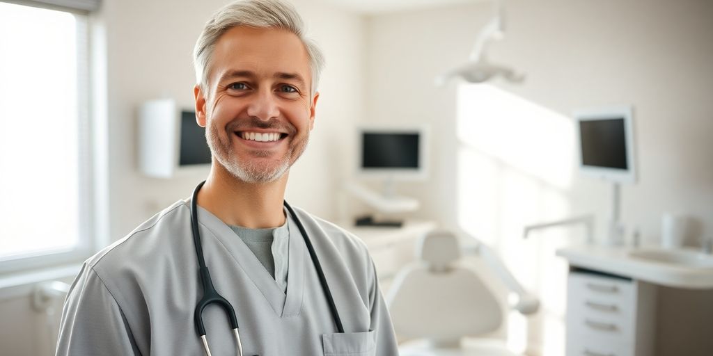 Zahnarzt lächelt in heller Praxis