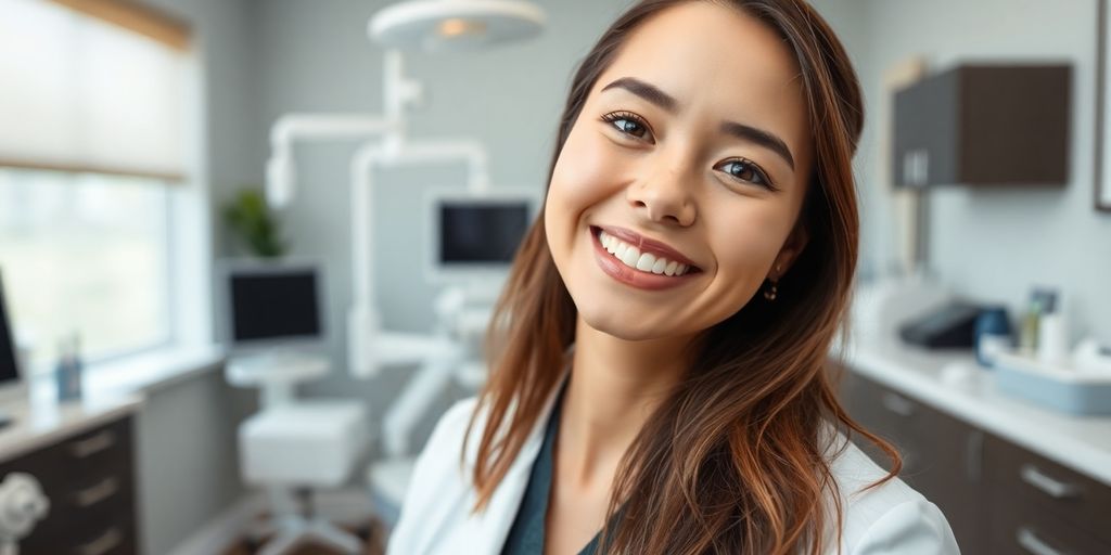 Zahnarzt lächelt in heller Praxis