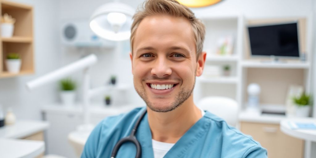 Lächelnder Zahnarzt in heller Praxis