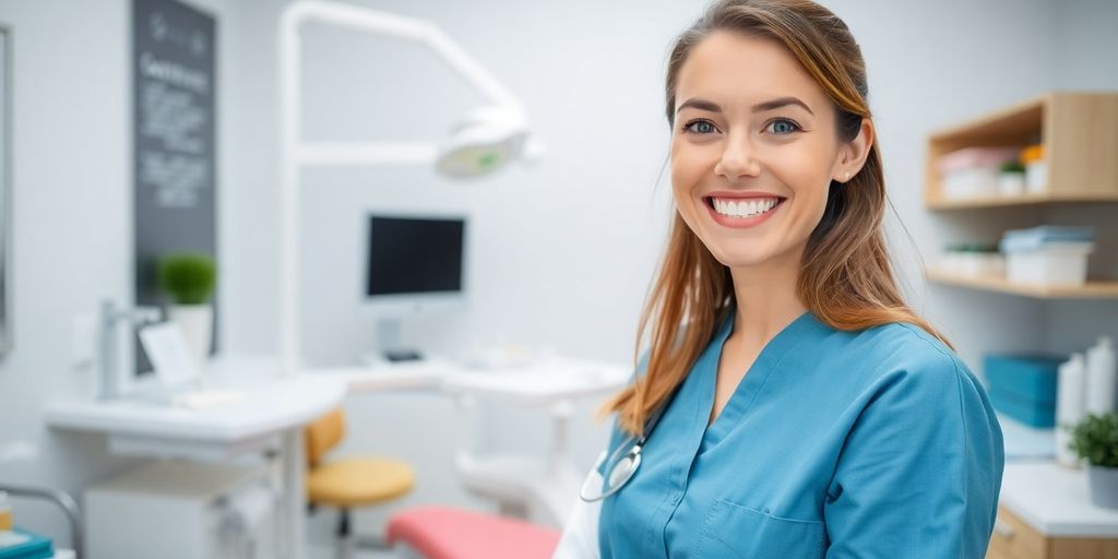 Lächelnder Zahnarzt in moderner Praxis