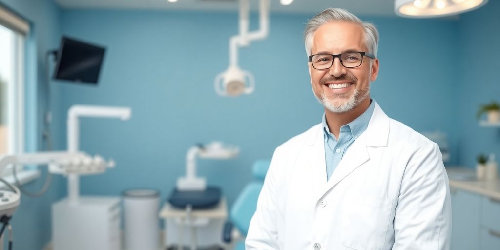 Zahnarzt lächelt in moderner Praxis