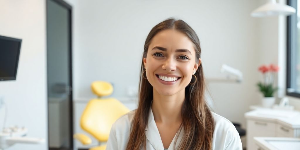 Zahnarzt lächelt in heller Praxis