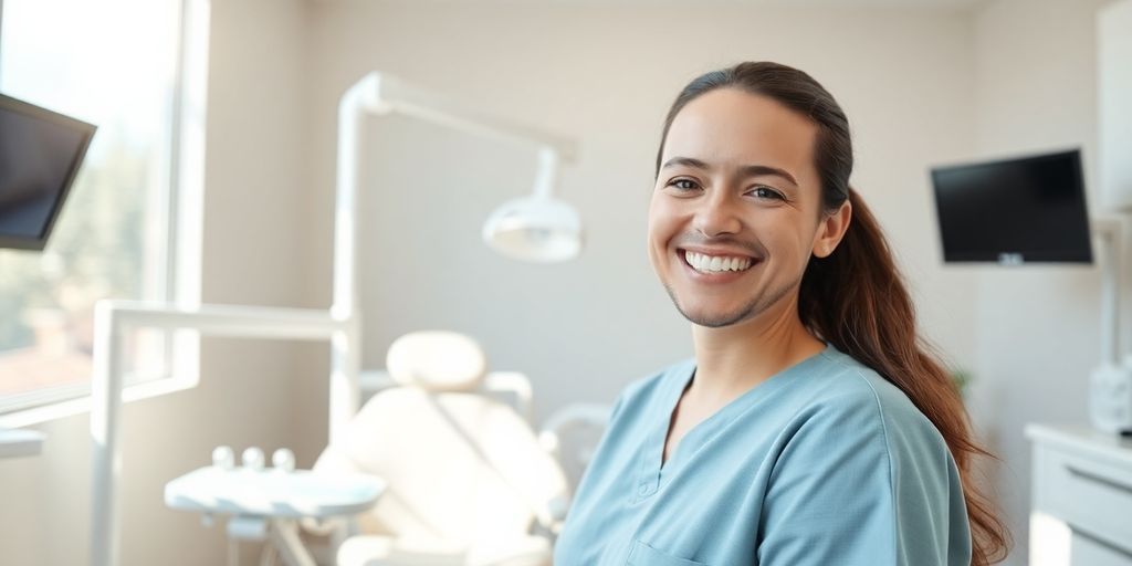 Zahnarzt lächelt in heller moderner Praxis