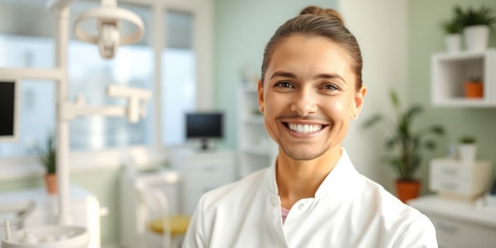 Zahnarzt lächelt in moderner Praxis