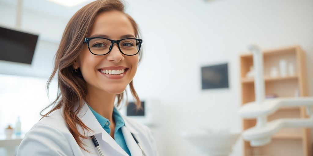 Lächelnder Zahnarzt in heller Praxis