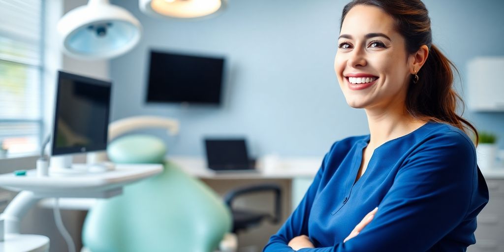 Zahnarzt lächelt in heller Praxis