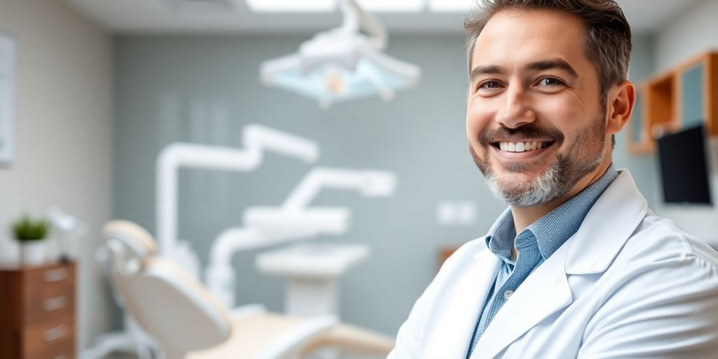 Lächelnder Zahnarzt in heller Praxis
