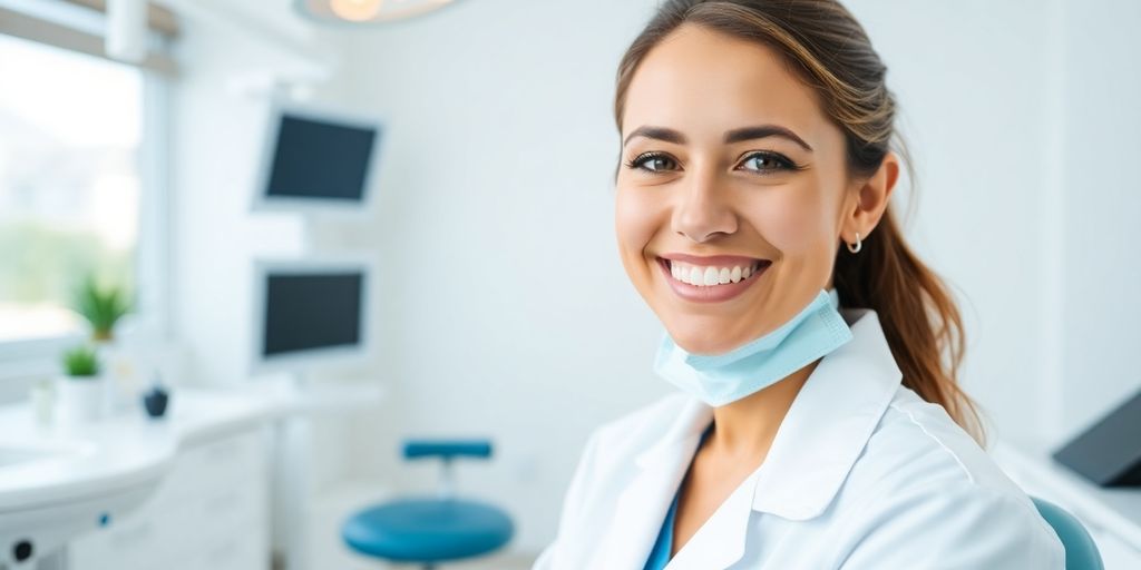 Lächelnder Zahnarzt in heller Praxis.