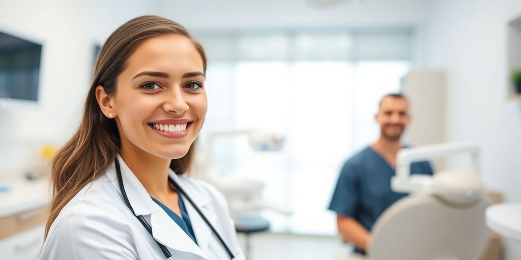 Zahnarzt lächelt in heller Praxis