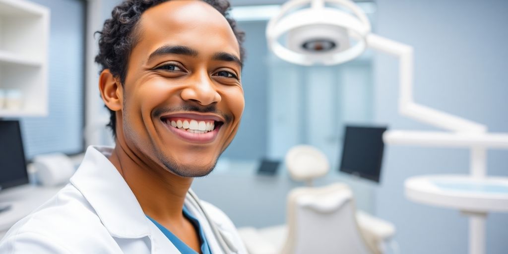 Lächelnder Zahnarzt in heller Praxis.