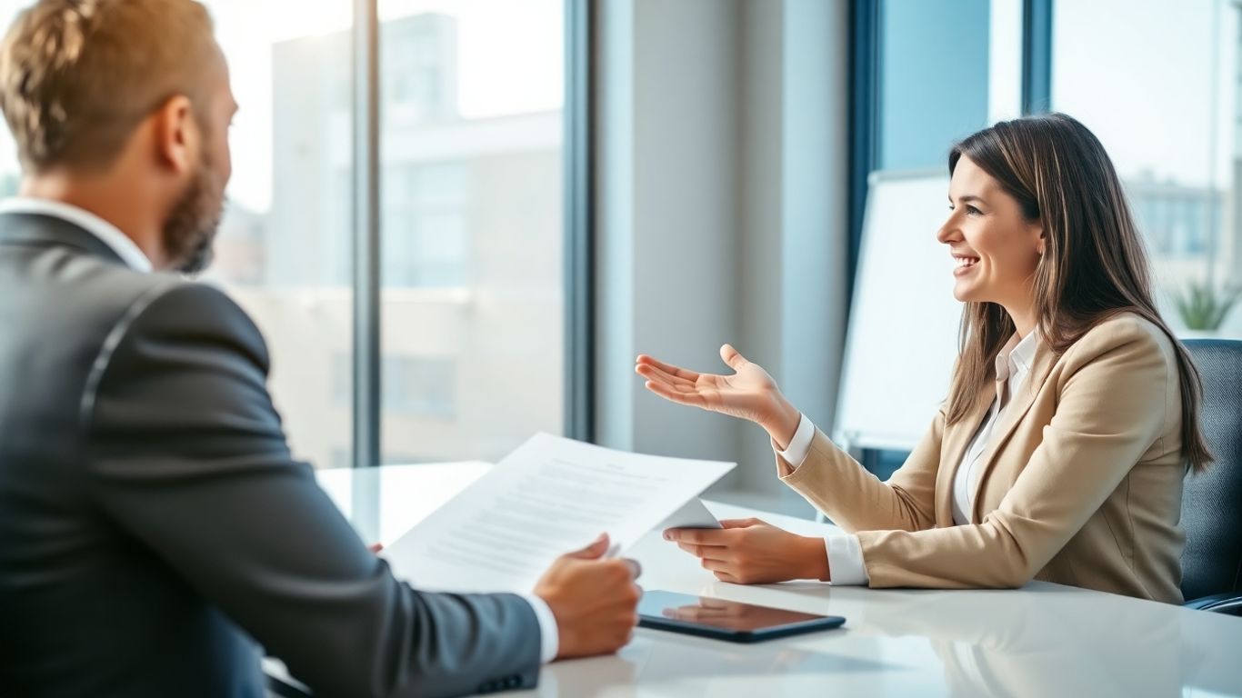 Versicherungsberater und Kunde im Gespräch im Büro.