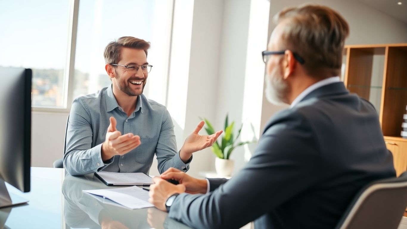 Versicherungsberater und Kunde im Gespräch im Büro