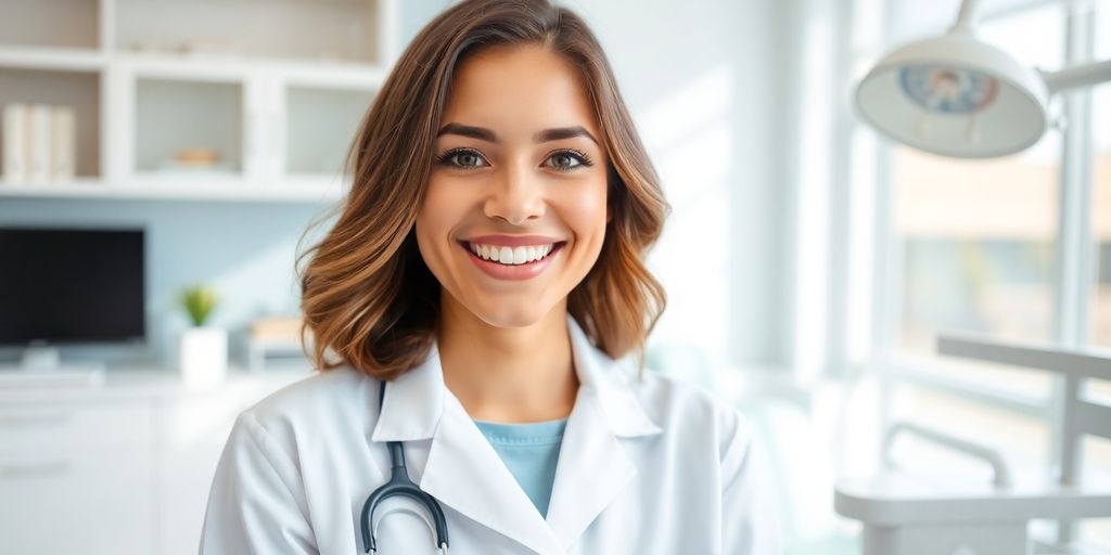 Zahnarzt lächelt in heller Praxis