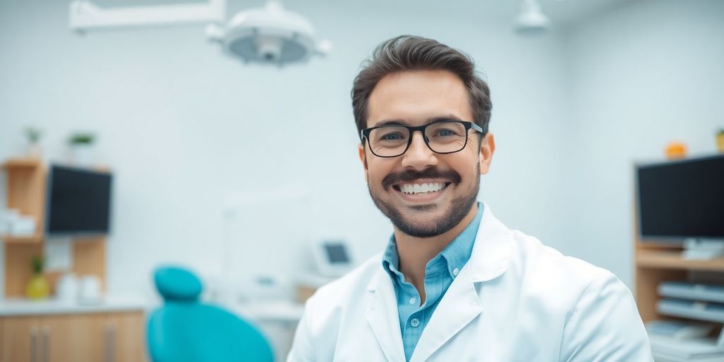 Zahnarzt lächelt lächelnd in einer hellen Praxis.