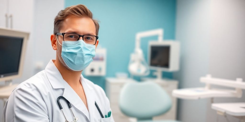 Lächelnder Zahnarzt in heller Praxis