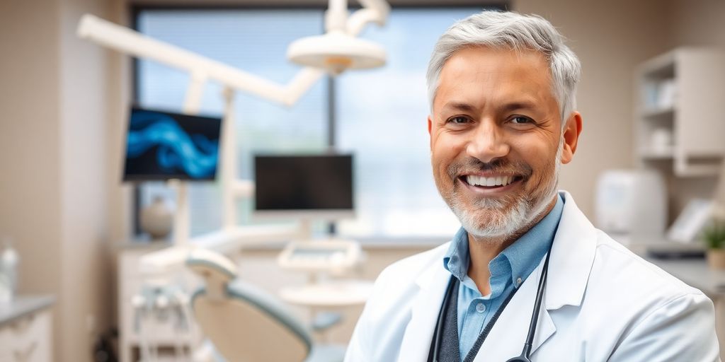 Zahnarzt lächelt in moderner Praxis