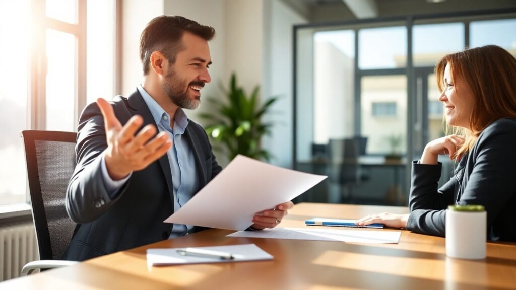 Versicherungsberater und Kunde im Gespräch im Büro