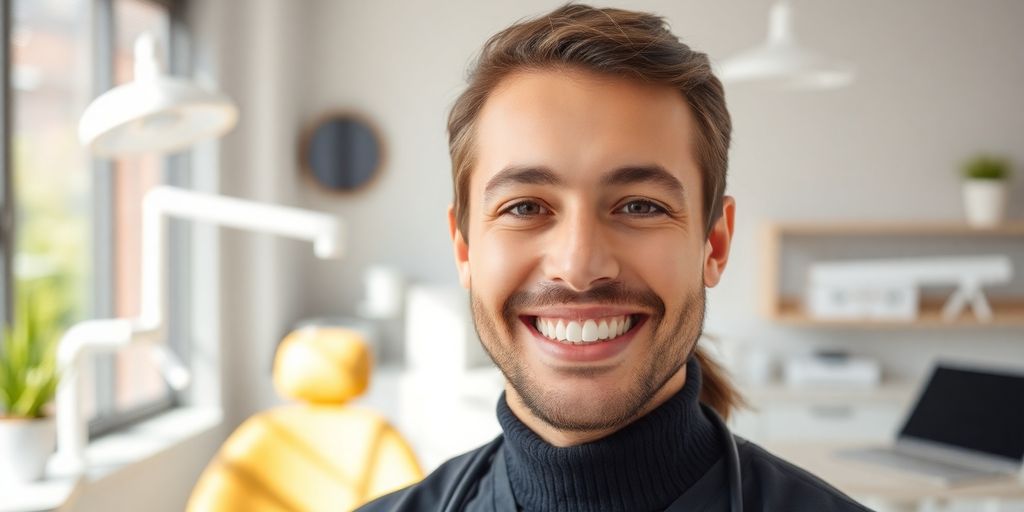 Zahnarzt lächelt in heller Praxis