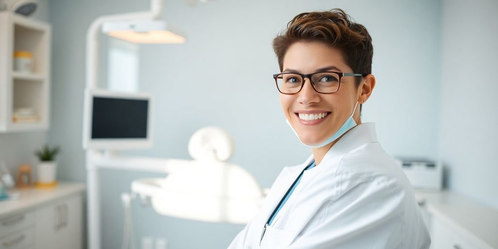 Zahnarzt lächelt in heller Praxis