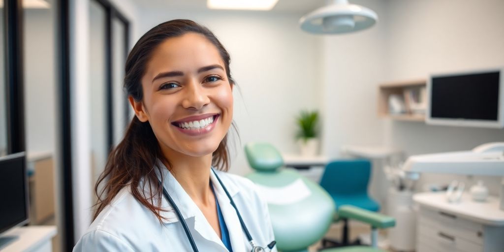 Zahnarzt lächelt in heller Praxis