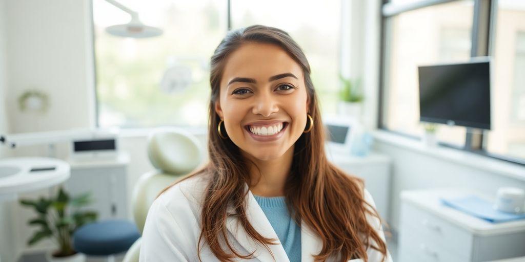 Lächelnder Zahnarzt in heller Praxis