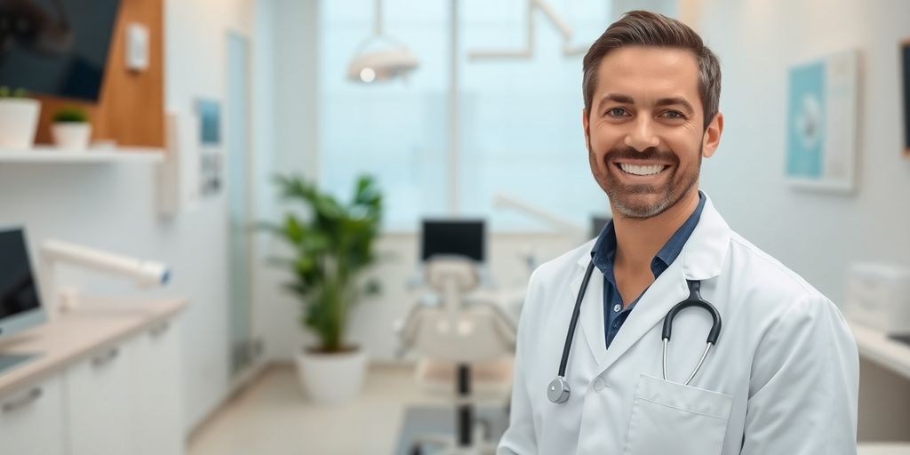 Zahnarzt lächelt in heller Praxis