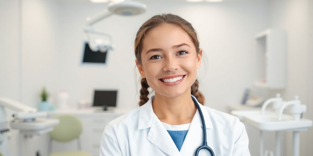 Ein Zahnarzt lächelt in einer hellen Praxis.