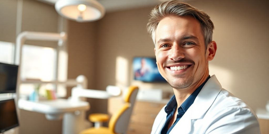 Lächelnder Zahnarzt in heller Praxis
