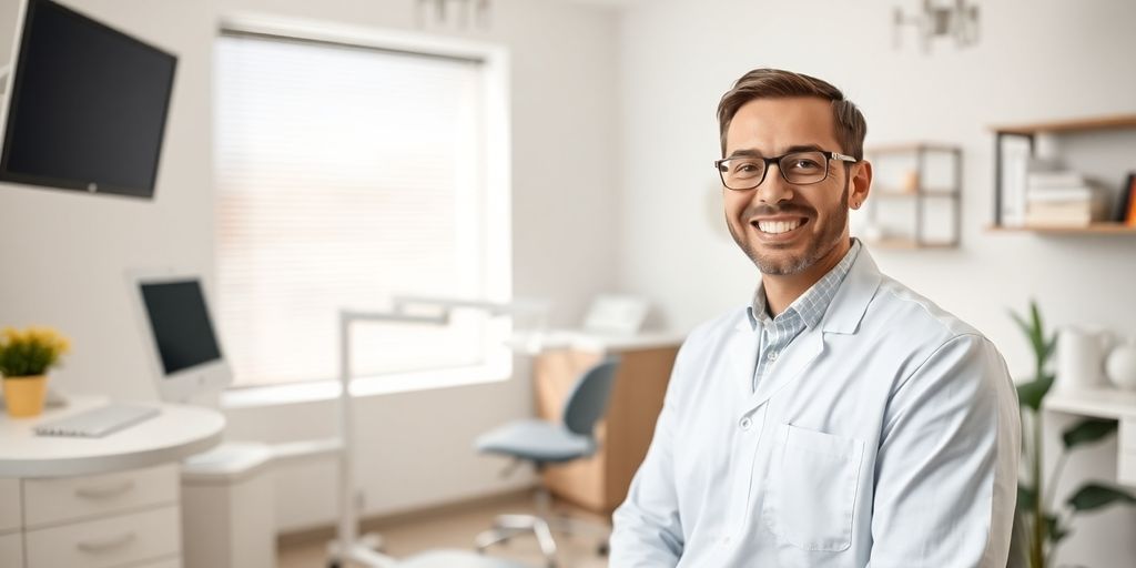 Lächelnder Zahnarzt in heller Praxis
