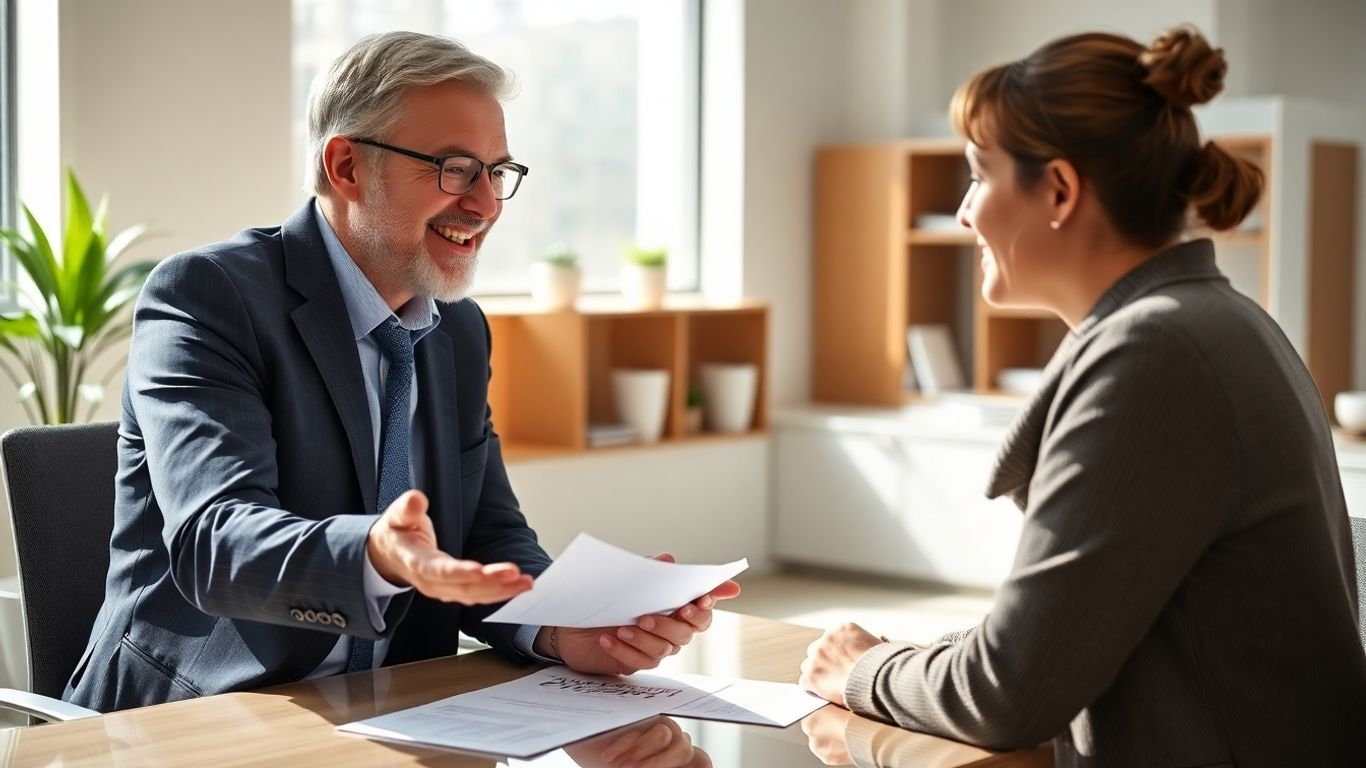 Versicherungsberater und Kunde im Gespräch im Büro.