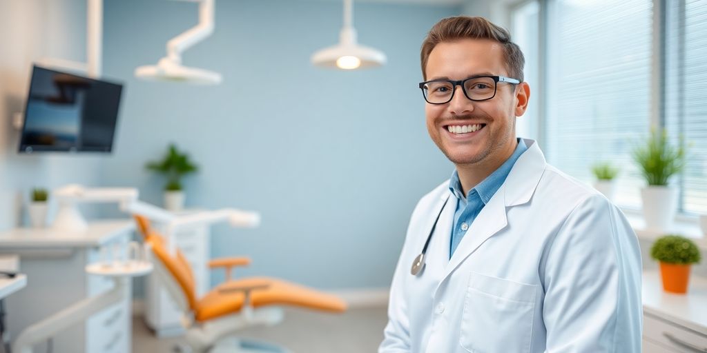 Lachender Zahnarzt in moderner Praxis