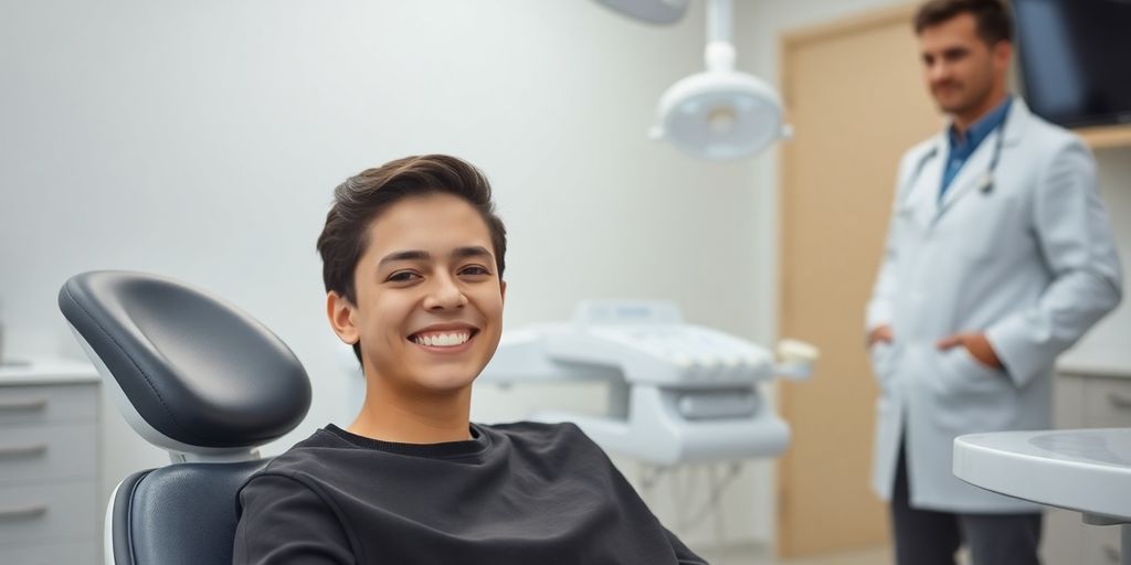 Junger Erwachsener lächelt nach Zahnarztbesuch.