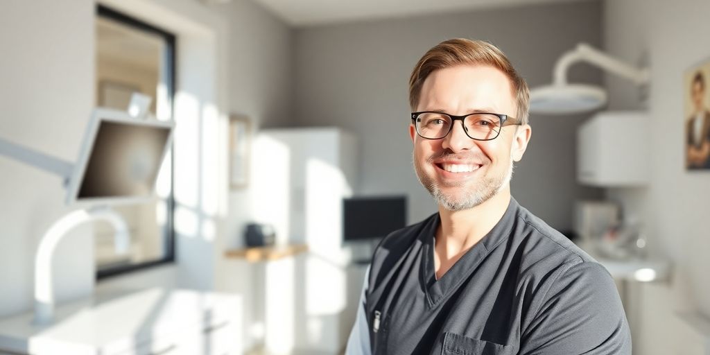 Zahnarzt lächelt in moderner Praxis