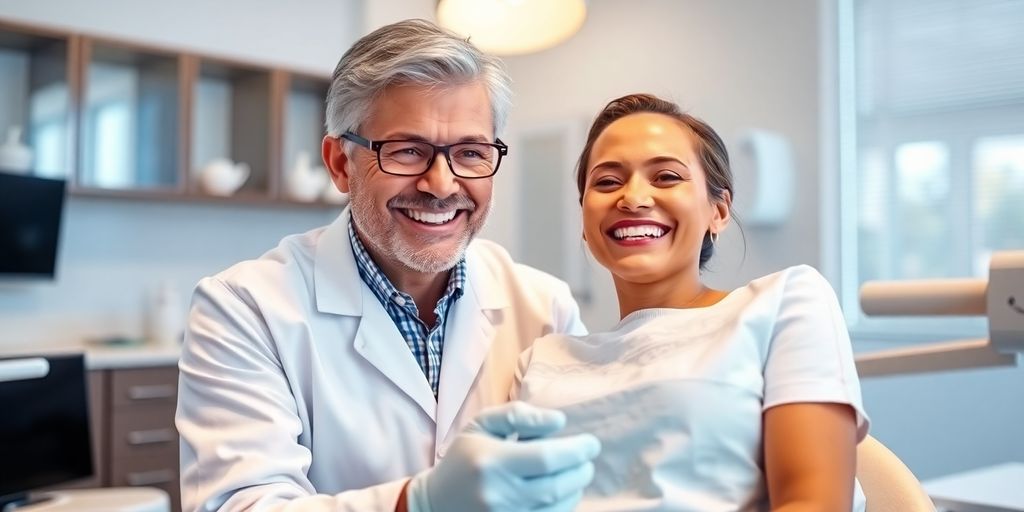 Zahnarzt und Patient lächeln in heller Praxis