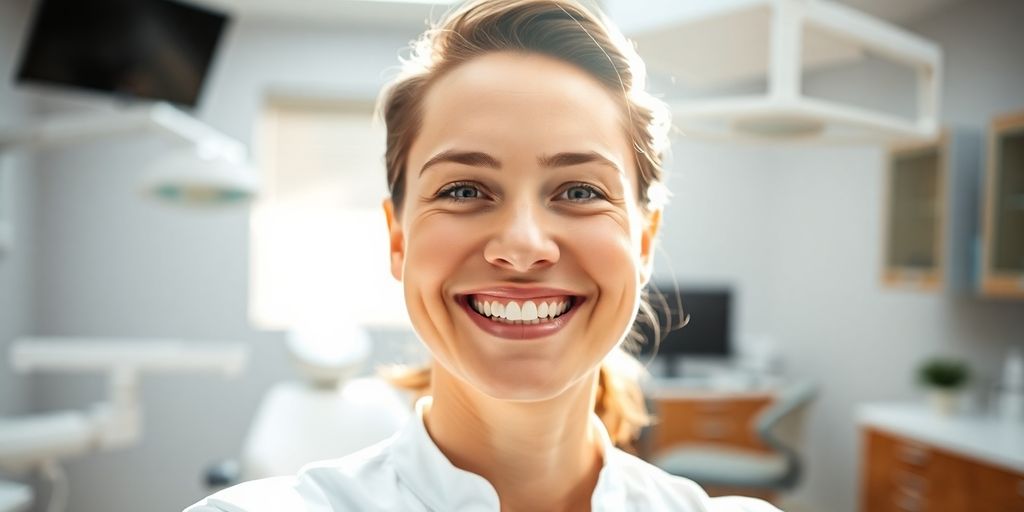 Zahnarzt lächelt in heller Praxis