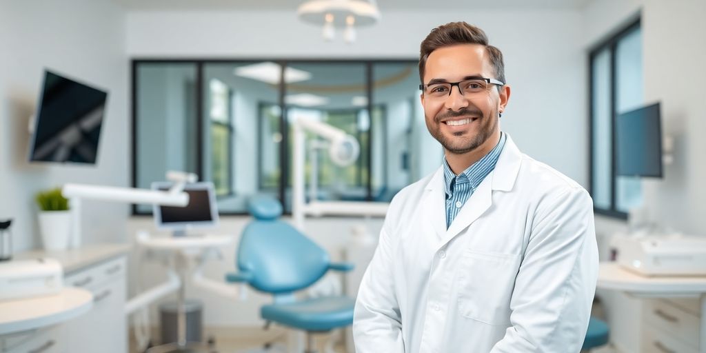 Lächelnder Zahnarzt in heller Praxis.
