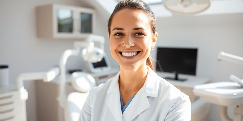 Lächelnder Zahnarzt in heller Praxis