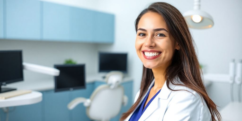 Zahnarzt lächelt in heller Praxis.