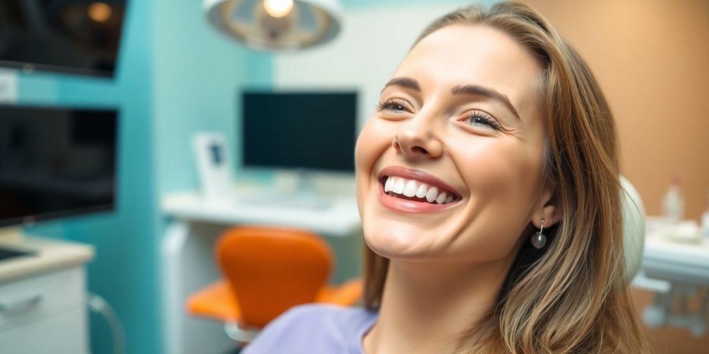 Glückliche Patientin nach Zahnbehandlung im modernen Behandlungsraum.